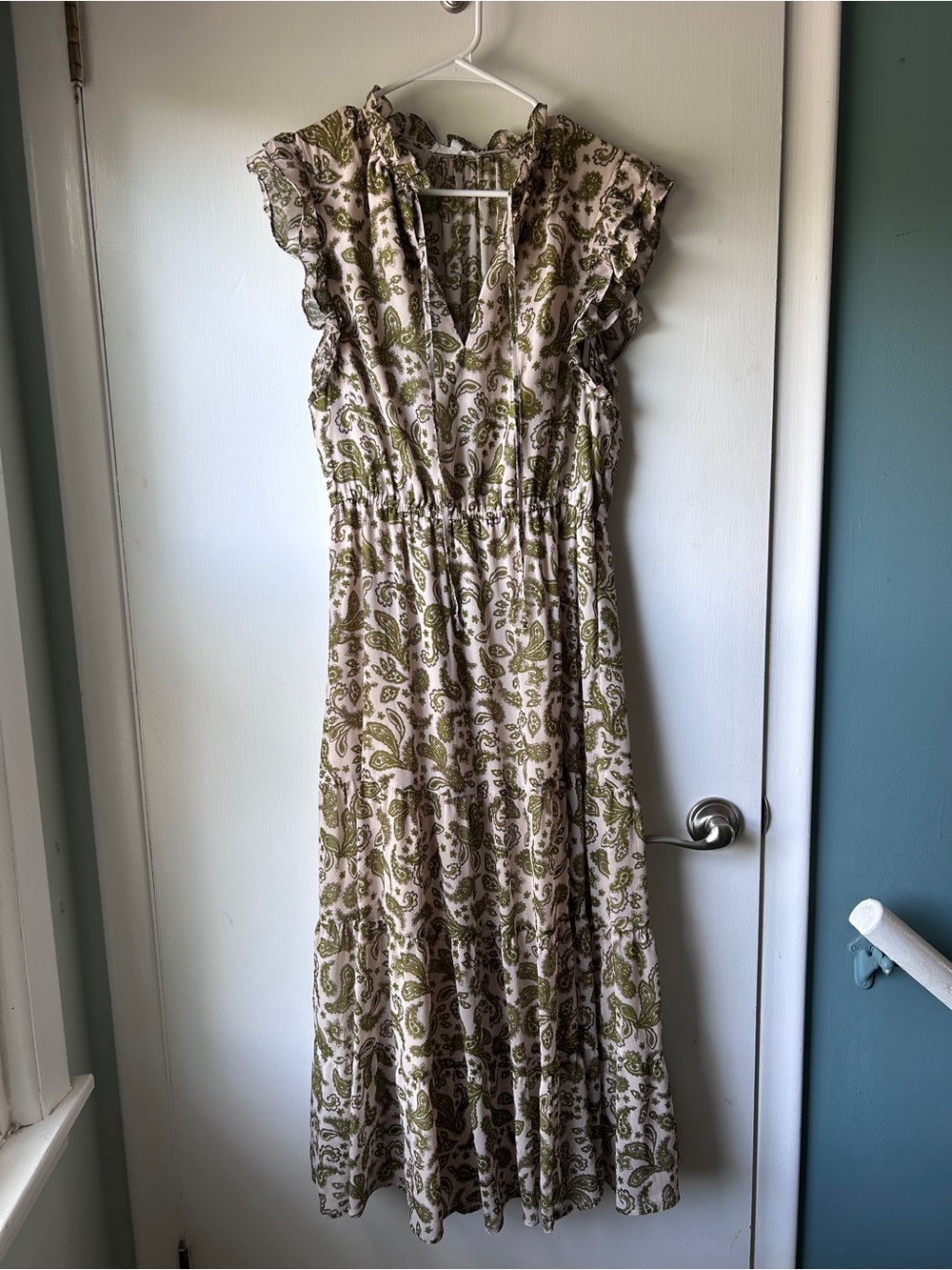 BB Dakota Olive and Cream Paisley Maxi Dress with Ruffle Sleeves